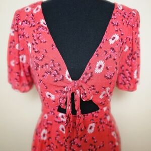 Floral Red Dress Romper with Front Tie